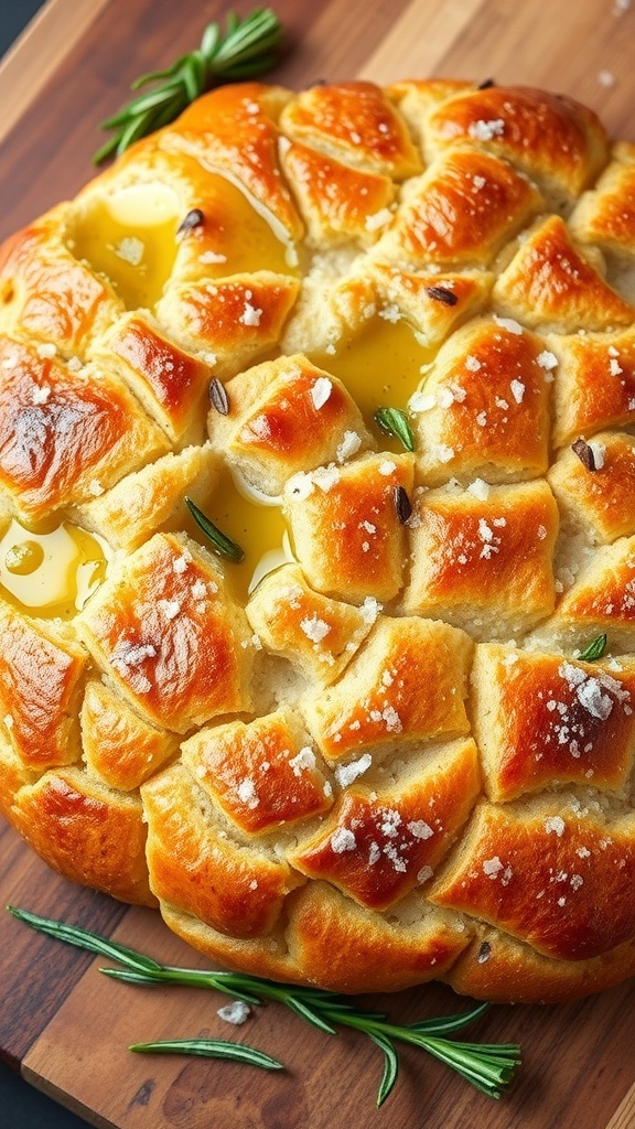 Golden brown focaccia bread with dimples, olive oil, and rosemary on a wooden board.